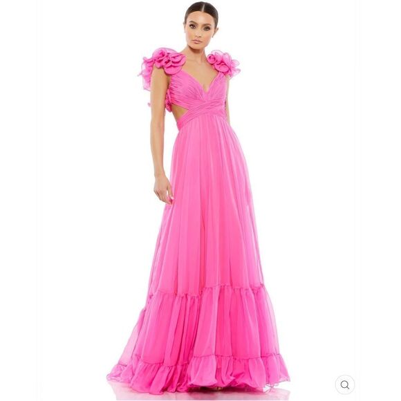 NWT Mac Duggal Ruffle Tiered Cut Out Chiffon Gown 67911 Hot Pink Size  4 - Picture 2 of 15